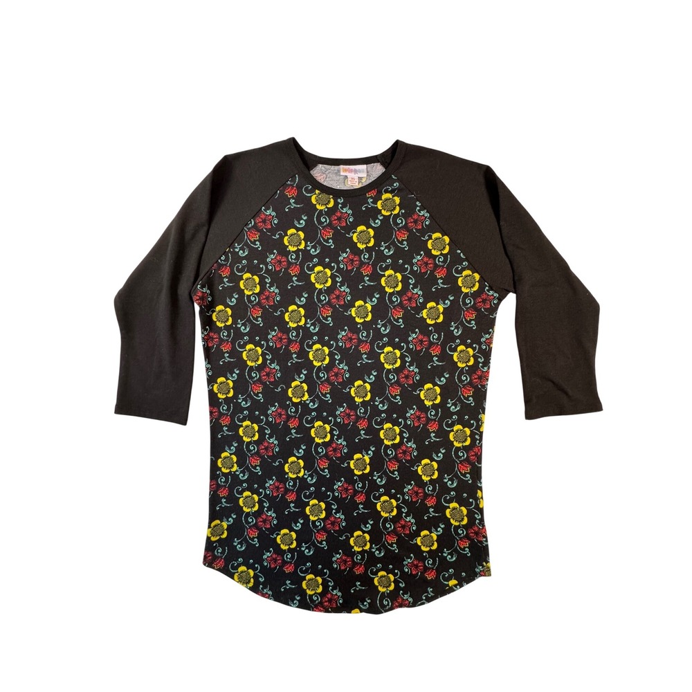 LuLaRoe Randy‎ Baseball Tee Womens XS Black Floral 3/4 Sleeve Raglan Top